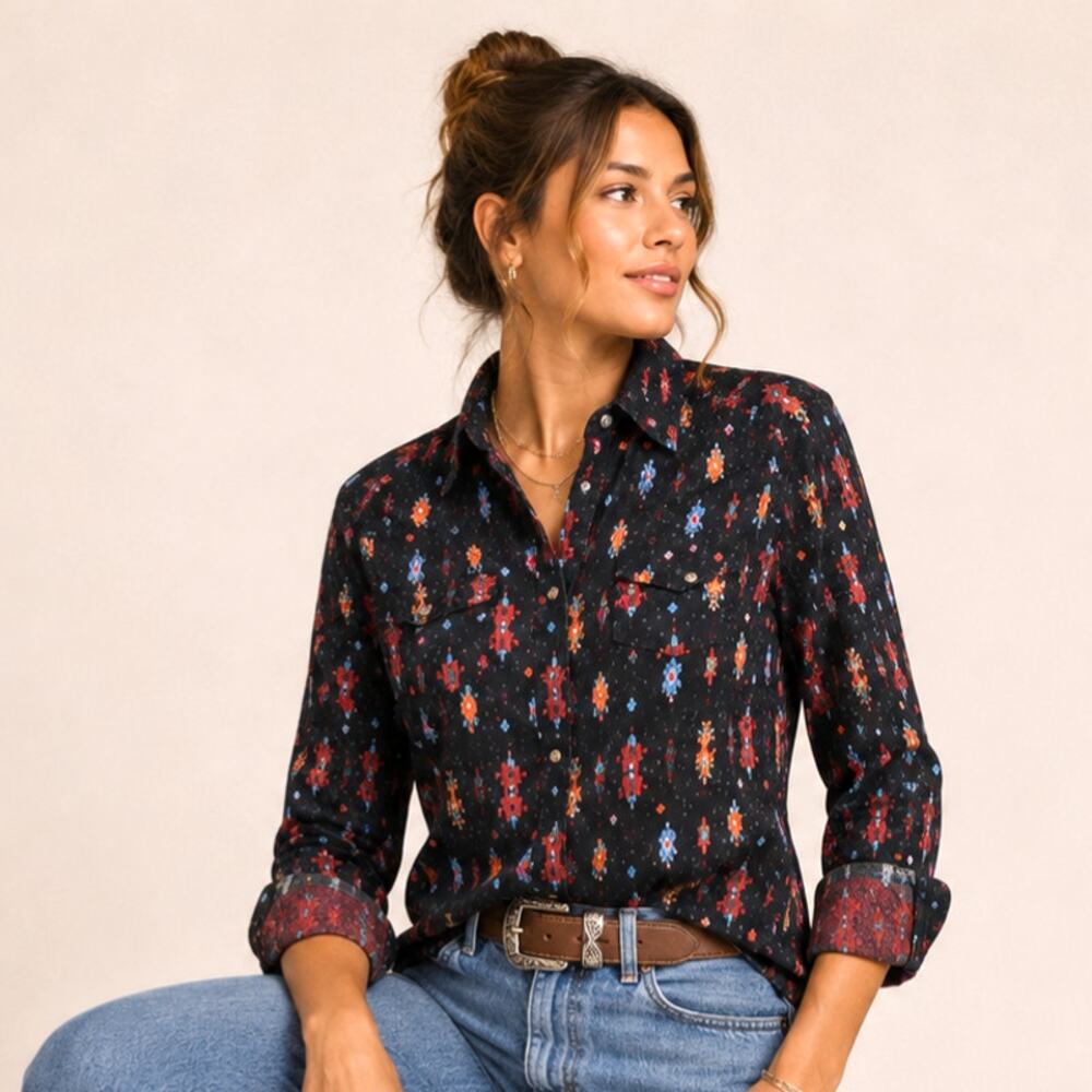 Roper Snap Button Rayon Blouse Women's Size M Black Aztec Design Western Casual